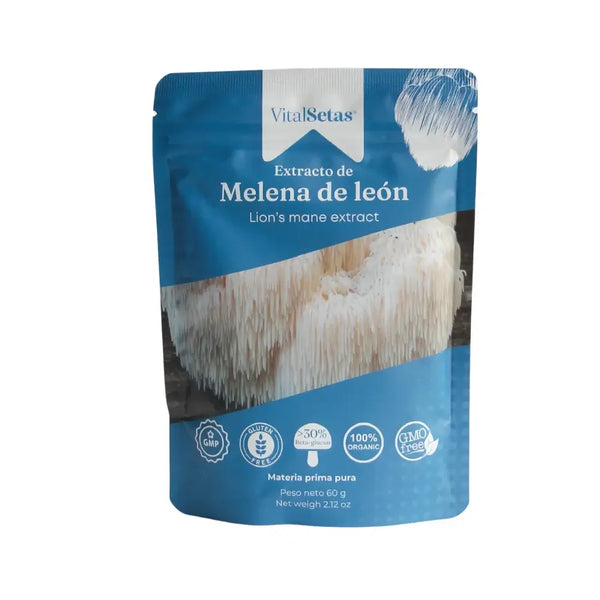 Extracto de Melena de León VitalSetas - 60 gramos en empaque orgánico, con más del 30% de betaglucanos.