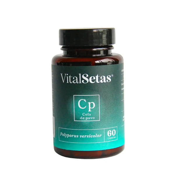 Cápsulas de Cola de Pavo VitalSetas en frasco, formulación para el sistema inmune y salud general.