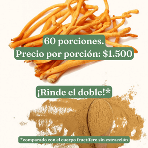 Extracto de Cordyceps VitalSetas - 60 gramos, presentación de porciones y precio, con cuerpo fructífero.