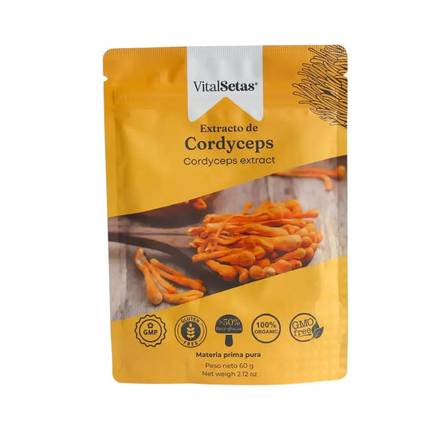 Extracto de Cordyceps VitalSetas - 60 gramos en bolsa de empaque, 100% orgánico y libre de gluten.