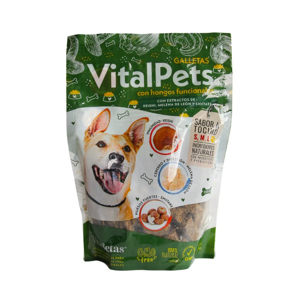 Galletas para perros con hongos funcionales VitalPets, 250 gramos de ingredientes naturales y beneficios para peludos.