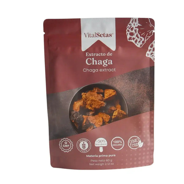 Extracto de Chaga VitalSetas - 60 gramos en envase premium, 100% orgánico y libre de gluten.