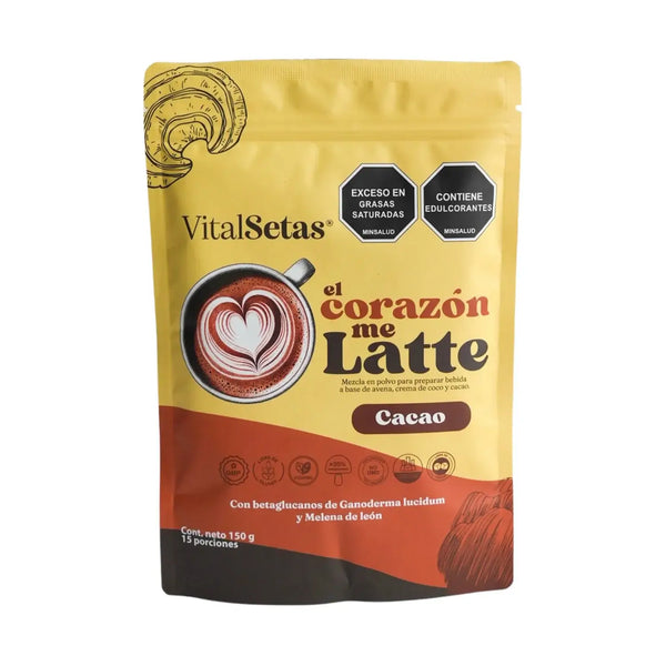 Paquete de El Corazón Me Latte - Cacao, una bebida saludable de cacao latte saludable en presentación de 150g.