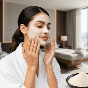 Mujer aplicando extracto de Tremella VitalSetas - 60 gramos en su rostro con mascarilla hidratante.