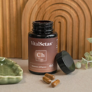 Cápsulas de Chaga VitalSetas en envase de 60, junto a cápsulas en una bandeja decorativa.