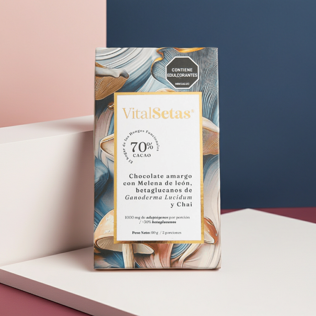 Chocolate amargo con Melena de león, betaglucanos de Ganoderma Lucidum y Chai de VitalSetas.