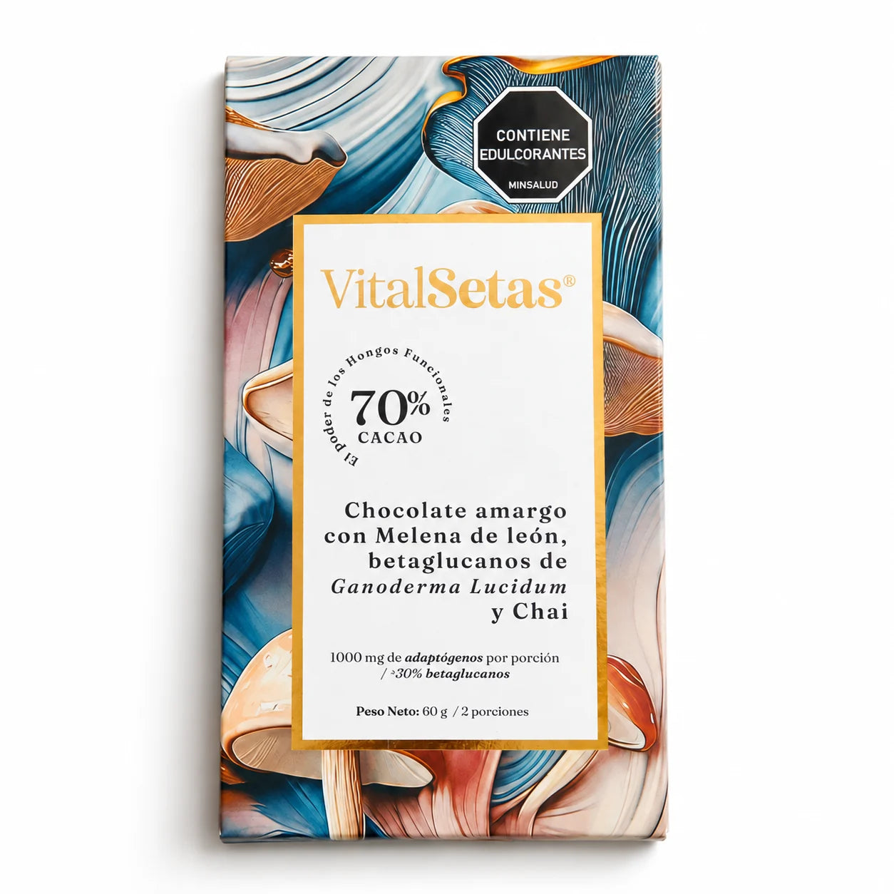 Chocolate amargo 70 % cacao VitalSetas con melena de león, betaglucanos de Ganoderma lucidum y chai, 60 g