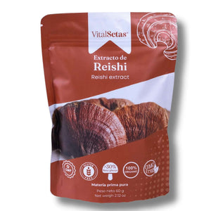 Extracto de Reishi VitalSetas - 60 gramos, bolsa con hongo reishi orgánico y etiquetado de beneficios e ingredientes.