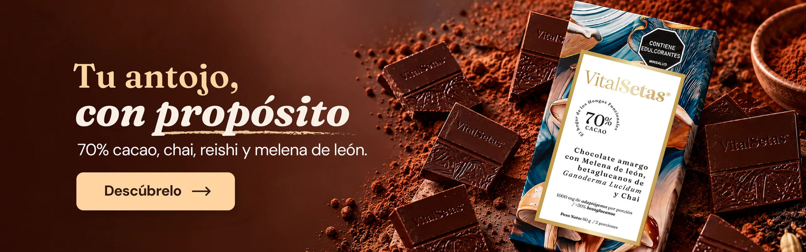 Chocolate amargo 70% cacao VitalSetas con chai, reishi y melena de león