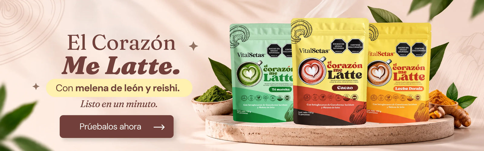 Lattes El Corazón Me Latte de VitalSetas con melena de león y reishi: té matcha, cacao y leche dorada